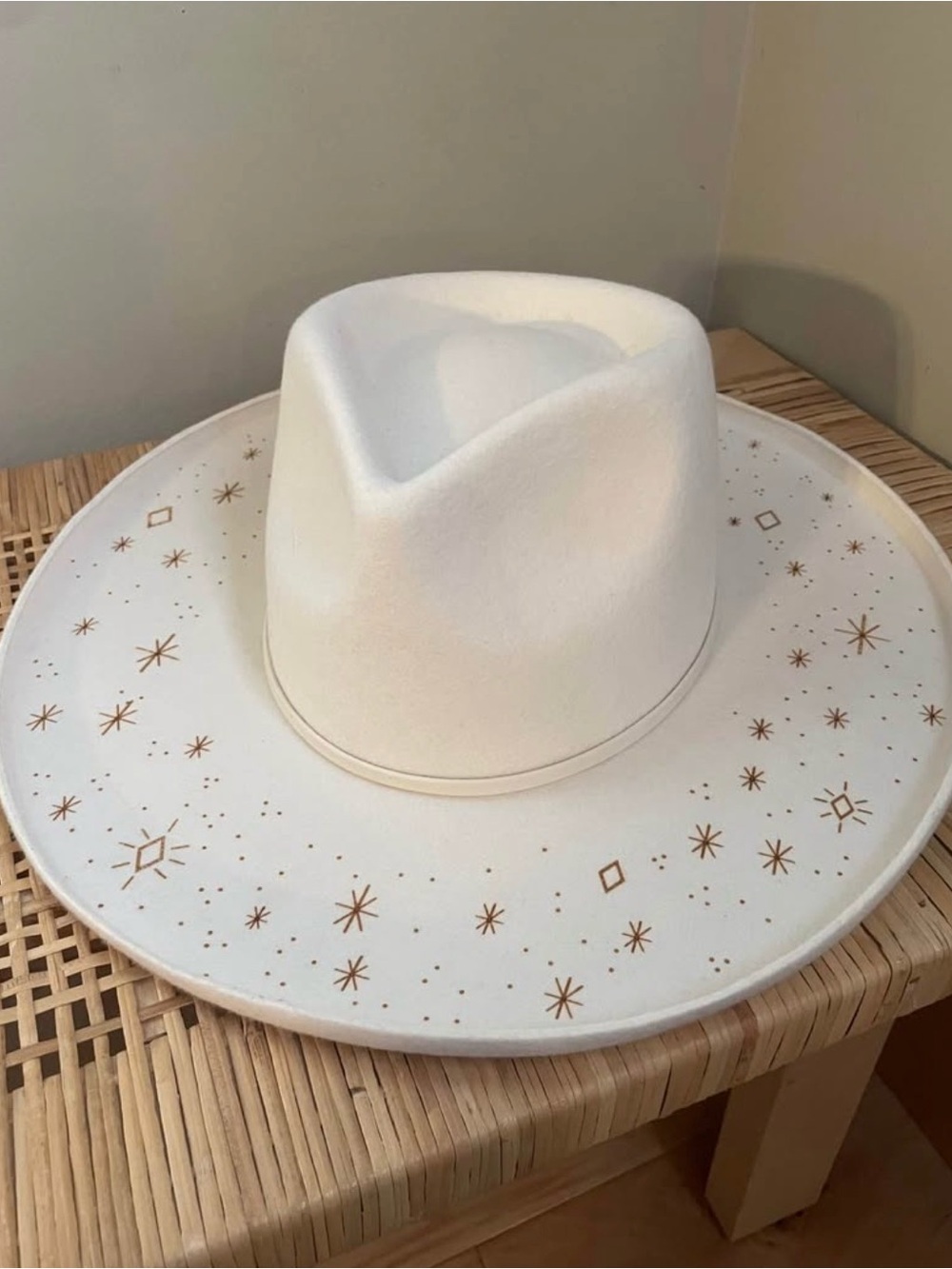 Free People White Wide Brim Hat with Gold Star Accents